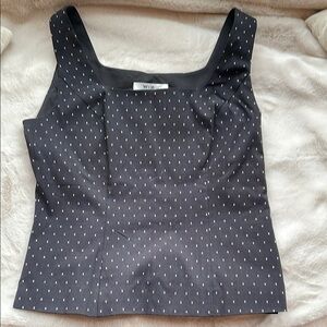 White House Black Market Black Sleeveless Square-Neck Top with White Dot Pattern